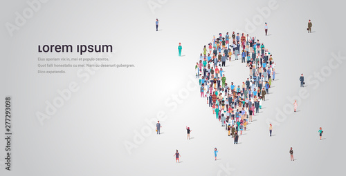 people crowd gathering in location geo tag shape social media community navigation concept different occupation employees group standing together full length horizontal copy space