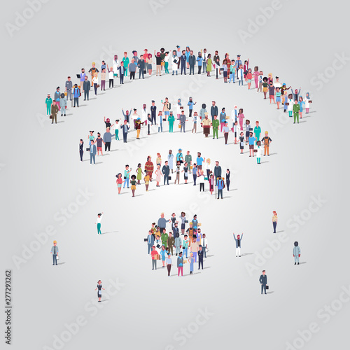 people crowd gathering in shape of wifi icon social media community wireless internet connection concept different occupation employees group standing together full length