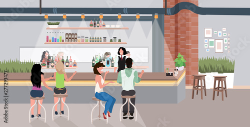 people sitting at bar counter desk men women visitors drinking and talking friends spending time together modern cafe interior flat horizontal full length