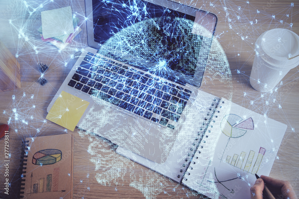 Brain multi exposure icon with man hands background. Brain multi exposure icon with man hands background.