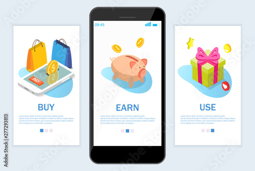 Earn rewards website and mobile app onboarding screens vector template