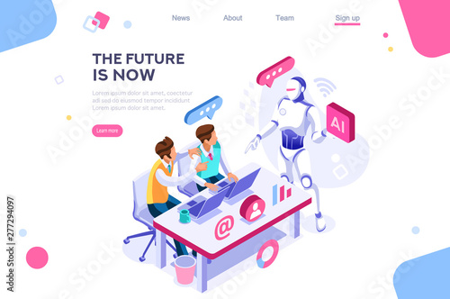 Human interactive tech interaction. Images of robot human working at office, can use for web banner, infographics, hero images. Flat isometric vector illustration isolated on white background