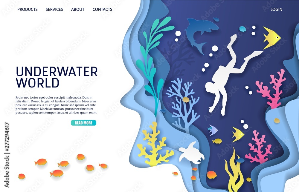Underwater world vector website landing page design template