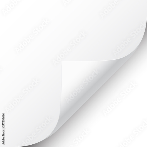 Curled page corner with shadow on white background. Blank sheet of paper. Vector illustration.
