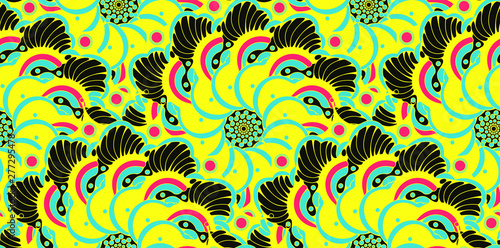 asian style floral seamless pattern scales flowers pop yellow