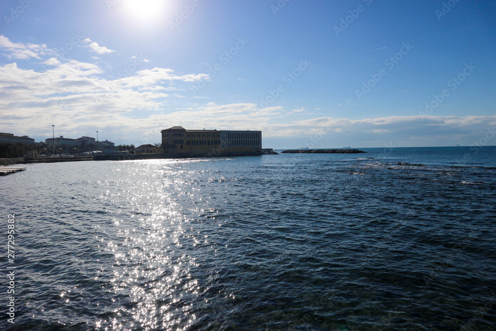 Coast of the ligurian sea in Livorno, Italy in winter sunny day