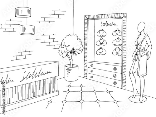 Lingerie shop store interior graphic black white sketch illustration vector