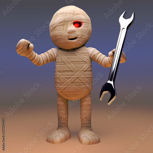 Foto Mechanically minded Egyptian mummy monster holding a spanner, 3d illustration