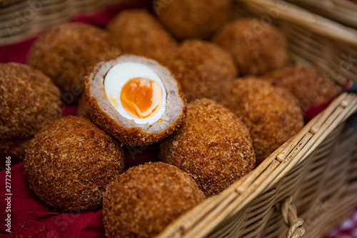 traditional fried scotch eggs for sale on Stockbridge Market in Edinburgh photo