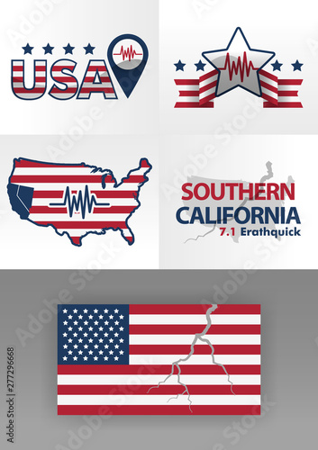logo for earthquake south california 7.1 on the richter scale. United States flag logo with cracks. 4 logos illustrating disasters with stars, line logos and seismic graphics. disasters in america