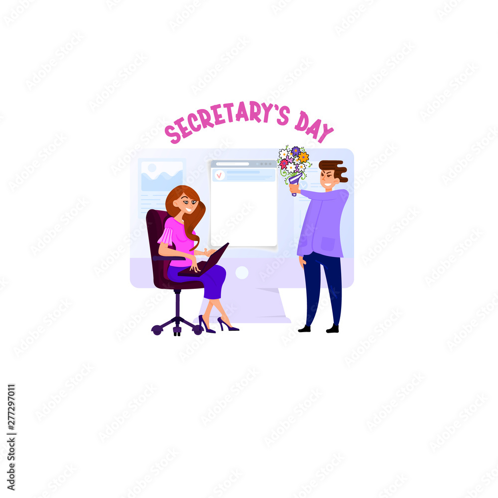 Secretary Day a man gives a bouquet of flowers to an office employee Secretary Day a man gives a bouquet of flowers to an office employee