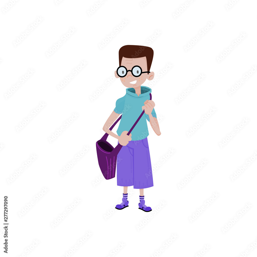 Schoolboy with a backpack cartoon flat style character, back to school