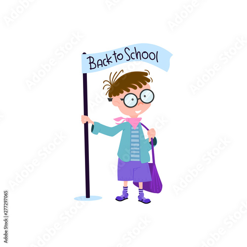 Schoolboy with a backpack cartoon flat style character, back to school