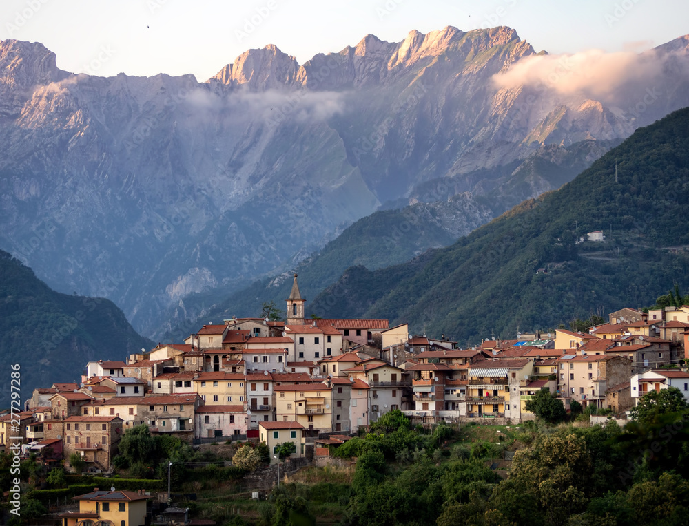Antona village in the Apuan Alps, Alpi Apuane, near the Vestito Mountain Pass. Massa Carrara, Italy, Europe. Sun setting.