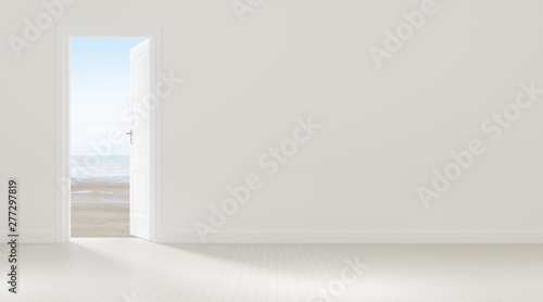 Fototapeta Naklejka Na Ścianę i Meble -  Mock-up of white door opening to the  sea view background,Idea of vacation,freedom - 3D rendering.