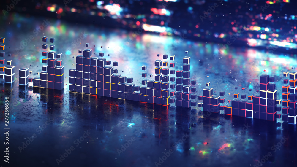 Futuristic volume meter graph music equalizer 3D rendering illustration