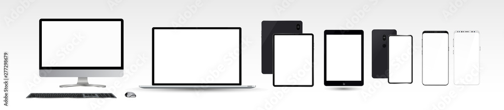 Electronic realistic gadgets set of monitor PC, laptop, tablets, smartphones. Set Mock-up of realistic devices. Collection gadgets, Mockups to showcase your web-site design. Vector 3d realistic set Electronic realistic gadgets set of monitor PC, laptop, tablets, smartphones. Set Mock-up of realistic devices. Collection gadgets, Mockups to showcase your web-site design. Vector 3d realistic set
