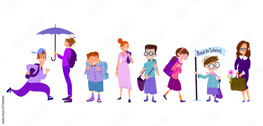 Set of schoolchildren and schoolgirls, with backpacks go to school, flat style