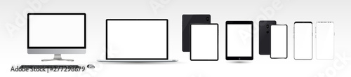 Electronic realistic gadgets set of monitor PC, laptop, tablets, smartphones. Set Mock-up of realistic devices. Collection gadgets, Mockups to showcase your web-site design. Vector 3d realistic set