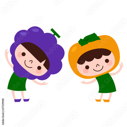 果物のイラスト。葡萄と柿のキャラクターたち。