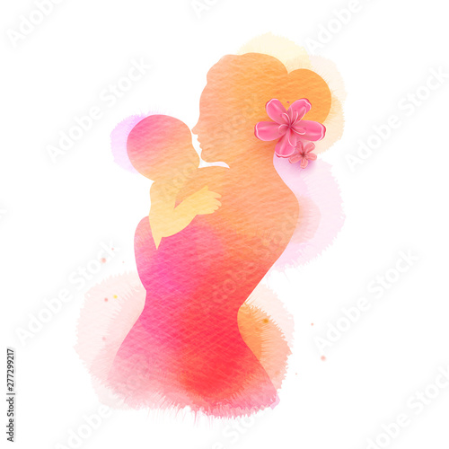 Happy mother's day. Side view of Happy mom with baby  silhouette plus abstract watercolor painted. Double exposure illustration. Digital art painting.
