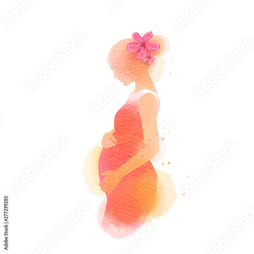Pregnant woman silhouette plus abstract water color painted. Happy mother's day. Mother and baby health. Digital art painting.