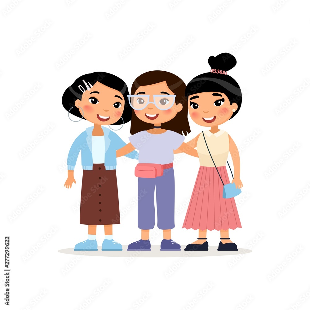 Friendship Day. Three cute Asian young girls hugging. Funny cartoon  character. Vector illustration. Isolated on white background Stock Vector |  Adobe Stock