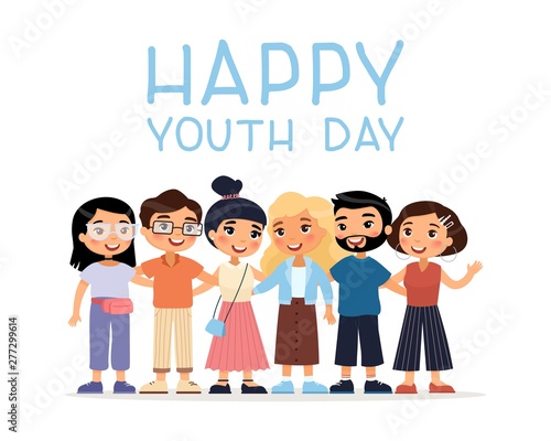 Happy Youth Day. Six international young  girls and boys friends hugging. Funny cartoon character. Vector illustration. Isolated on white background.