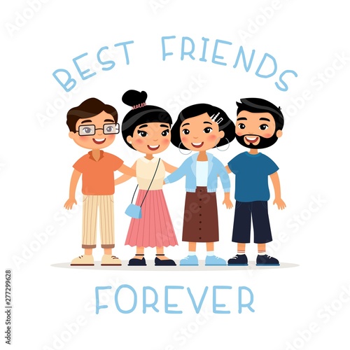 Best friends forever. Four asian young women and young men friends hugging. Funny cartoon character. Vector illustration. Isolated on white background.
