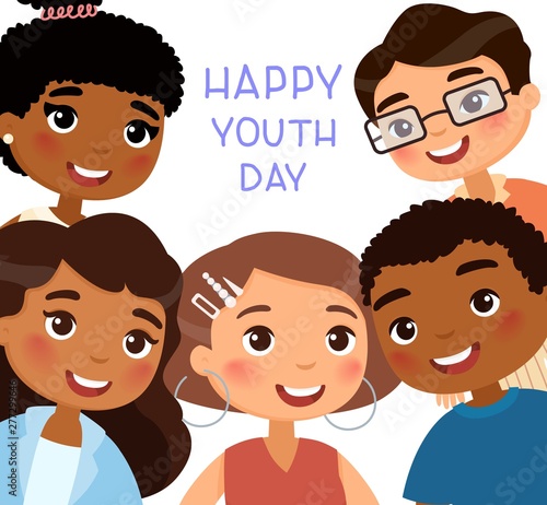 Happy Youth Day poster. International young girls and young boys friends. Funny cartoon character.  Vector illustration. Isolated on white background