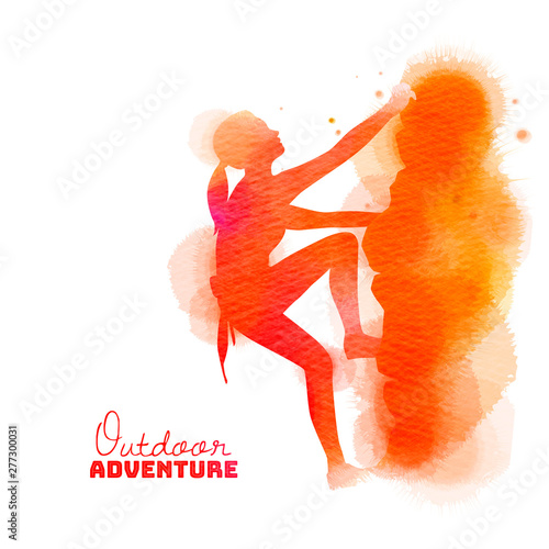 Watercolor of side view of young  woman rock climber. Outdoor adventure concept.