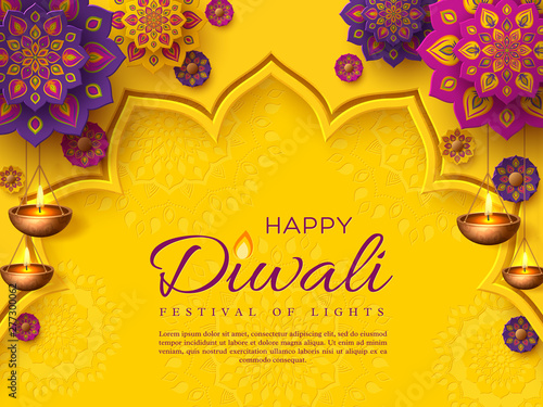 Diwali festival holiday design with paper cut style of Indian Rangoli and hanging diya - oil lamp. Purple color on yellow background. Vector illustration.