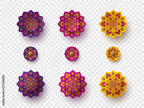 Set of rangoli for Diwali festival. Decorative 3d paper cut elements for holiday Deepawali design. Isolated on transparent, vector.