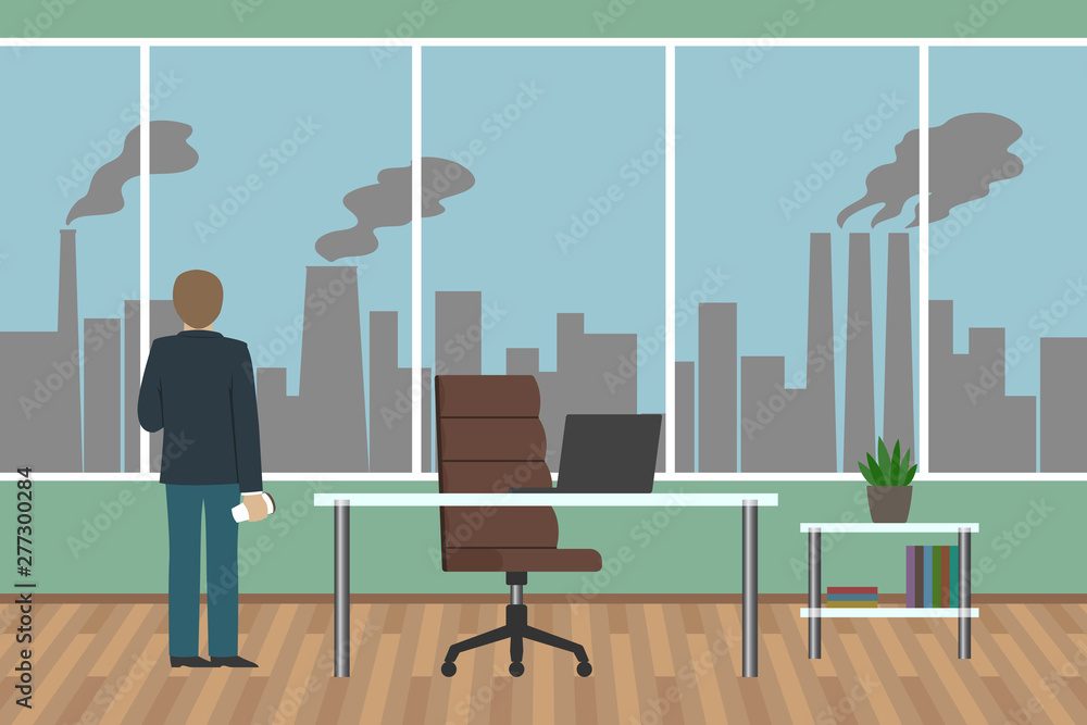 Man looking at factory from office window. Urban cityscape. Vector illustration. Man looking at factory from office window. Urban cityscape. Vector illustration.