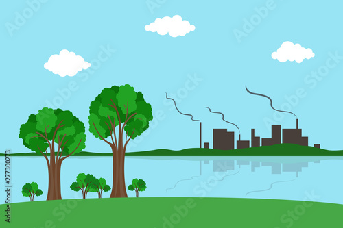 Fototapeta Naklejka Na Ścianę i Meble -  Factory on lakeside. Atmospheric pollution. Vector illustration.