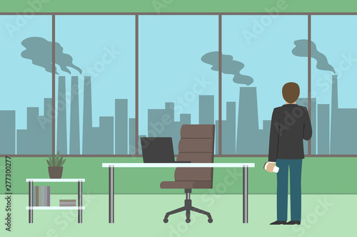 Man looking at plant from office window. Vector illustration.