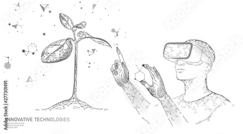 DNA evolution modern engineering technology. Augmented reality helmet vr glasses. Ecology nature gene innovation concept. GMO gene engineering plant organic science medical vector illustration
