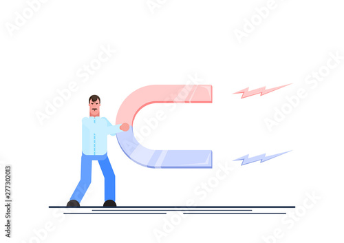 Business man holding a big magnet. Investment attraction concept. Effective management. Vector illustration. - Vector