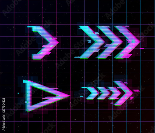 Synthwave vaporwave retrowave Glitch Arrows, pointers, direction Set. Glitch design elements for poster, flyer, cover, web, banner. Eps 10