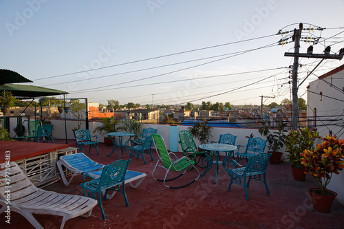 Vászonkép Camaguey, Cuba - July 18, 2018: View of the roof of casa particular in Camaguey