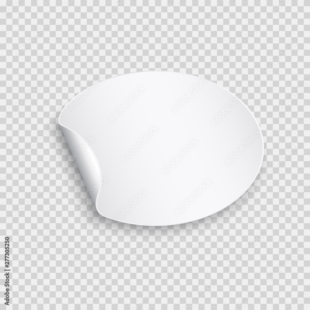 Round paper sticker template with bent edge. White blank label isolated on transparent background. Vector oval curl banner. Round paper sticker template with bent edge. White blank label isolated on transparent background. Vector oval curl banner.