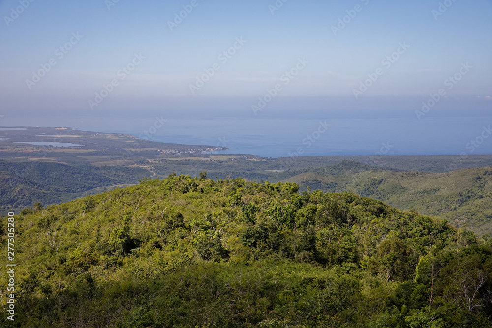 Topes de Collantes, Cuba - July 19, 2018: Preserve Topes de Collantes. Lookout El Murador. Panorama of the Caribbean Sea and Ancon Peninsula