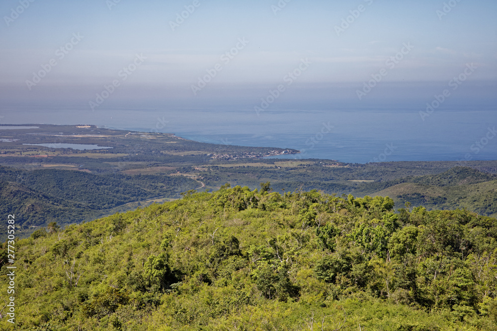 Topes de Collantes, Cuba - July 19, 2018: Preserve Topes de Collantes. Lookout El Murador. Panorama of the Caribbean Sea and Ancon Peninsula