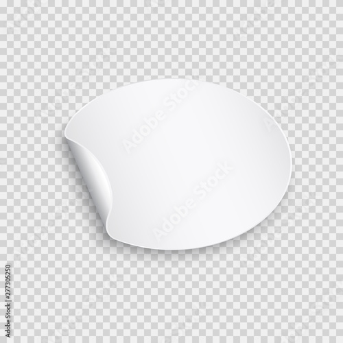 Round paper sticker template with bent edge. White blank label isolated on transparent background. Vector oval curl banner.