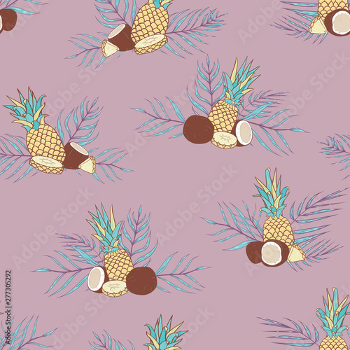 Vector Pina Colada Compositions on Purple seamless pattern background.