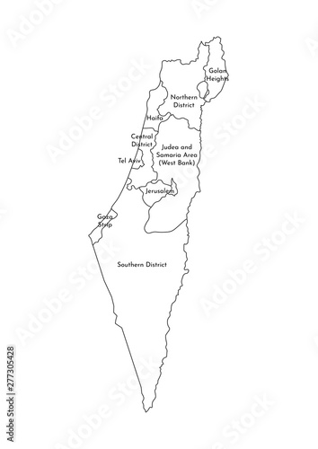Vector isolated illustration of simplified administrative map of Israel. Borders and names of the districts (regions). Black line silhouettes. Note: map shown with disputed territories