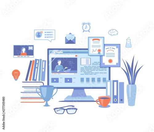 Online Education E-learning Online training, courses, exams, testing. Monitor screen with video tutorials, electronic books. Video chat, tasks, diploma. Vector illustration on white background. 