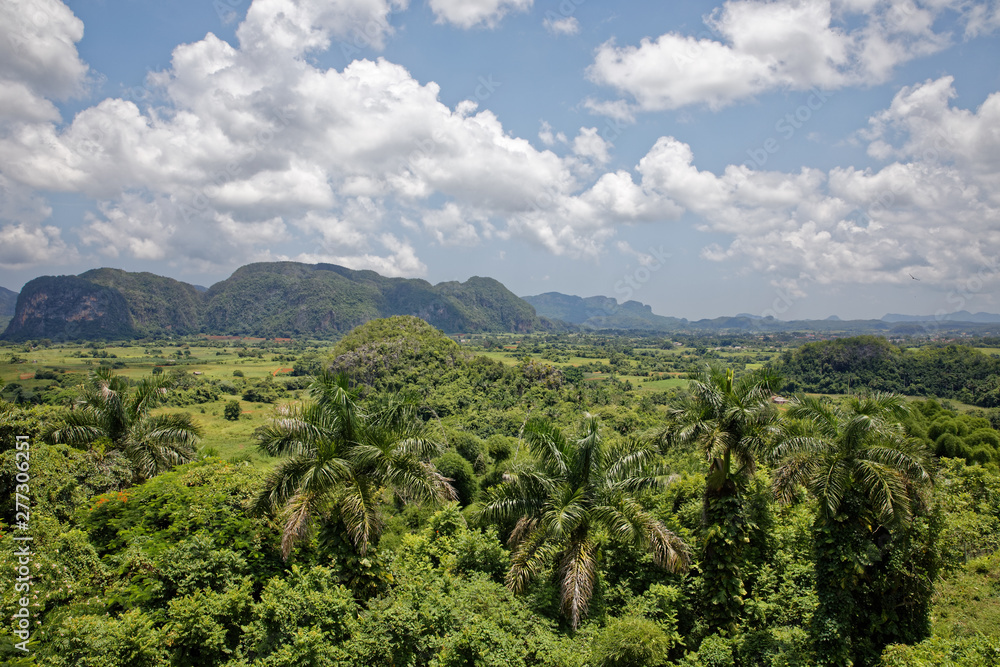 Vinales, Cuba - July 27, 2018: Green caribbean valley with small cuban houses and mogotes hills landscape panorama, Vinales, Pinar Del Rio, Cuba