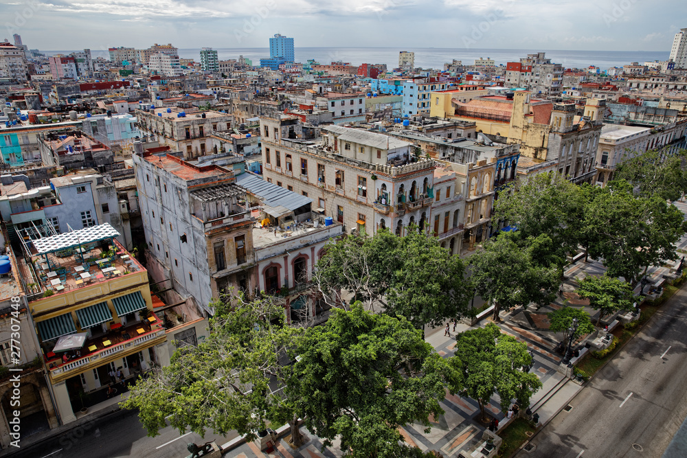 Havana, Cuba - August 1, 2018: Aerial view of Prado and roofs in Havana