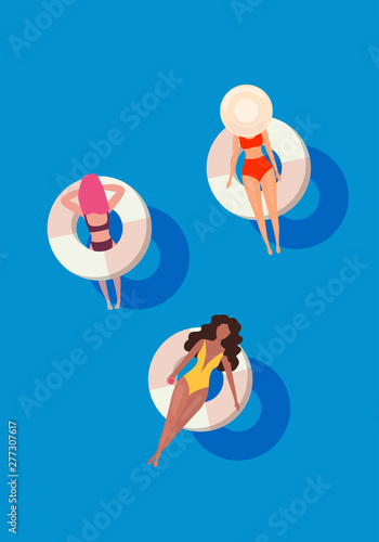 Women in swim suits lying on floating swimming pool mattresses. Summer pool party invitation design. Flyer or banner template. Flat design elements, minimalist style. Vector illustration.